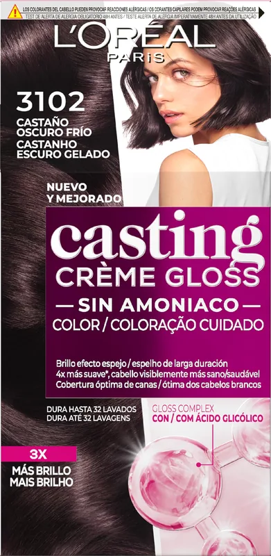 L'Oréal Paris Casting Crème Gloss Baño de Color 3102 Castaño Oscuro Helado 240 g - pack de 3 unidades