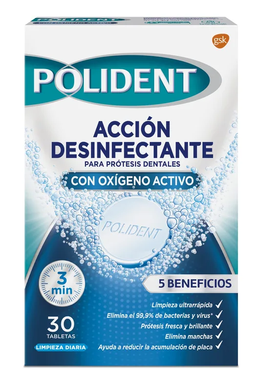 Polident Acción Desinfectante con Oxígeno Activo, 30 tabletas - pack de 8 unidades