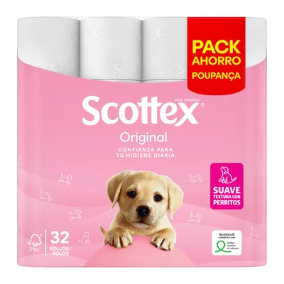 Scottex Original Papel Higiénico Seco, 32 rollos (pack de 4)