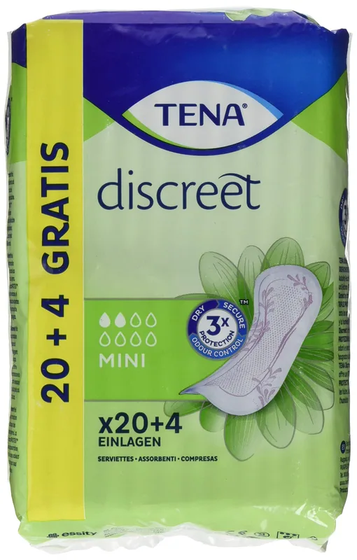 TENA Lady Discreet Mini, 20+4 compresas - pack de 6 unidades
