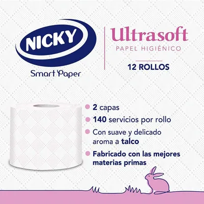Nicky Ultrasoft Papel Higiénico 2 Capas, 12 rollos - pack de 8 unidades – foto 2