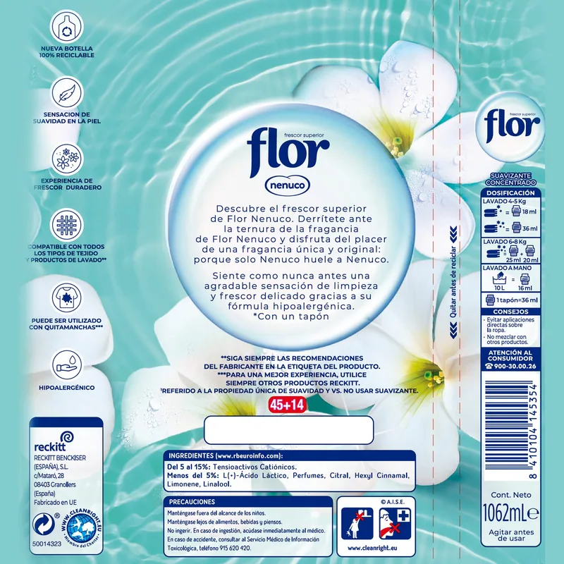 Flor Nenuco suavizante para la ropa concentrado 59 lavados 1062 ml - pack de 10 unidades