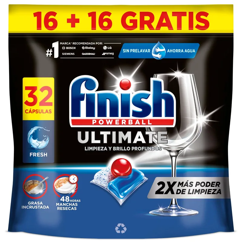 Finish Ultimate pastillas para el lavavajillas brillo diamante 32 pastillas - pack de 7 unidades