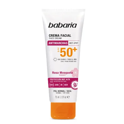 Babaria protector solar facial SPF50+ antimanchas rosa mosqueta 75 ml (pack de 2)