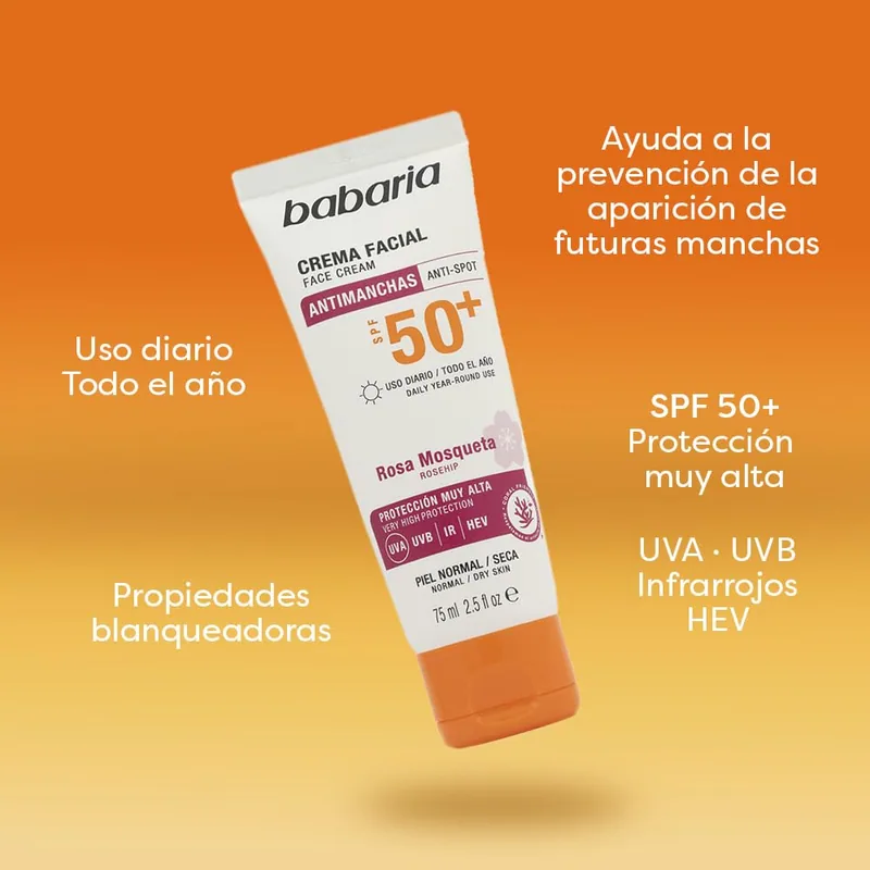 Babaria Protector solar facial SPF50+ antimanchas rosa mosqueta 75 ml - pack de 2 unidades