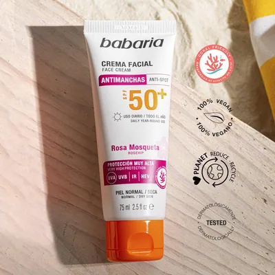 Babaria Protector solar facial SPF50+ antimanchas rosa mosqueta 75 ml - pack de 2 unidades – foto 2