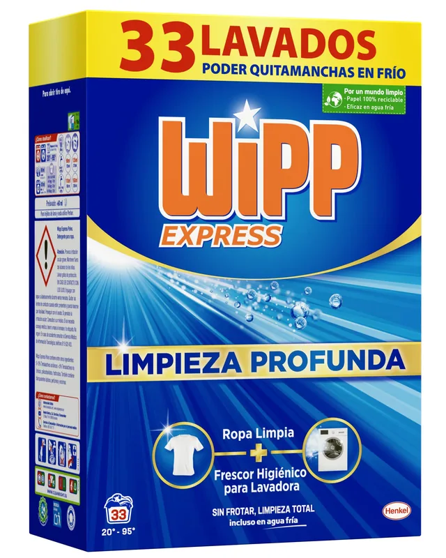 Wipp Express Limpieza Profunda detergente en polvo quitamanchas 33 lavados - pack de 4 unidades