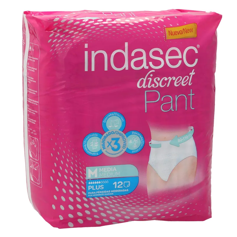 Indasec Discreet Pants de incontinencia plus talla M, 12 pants - pack de 4 unidades