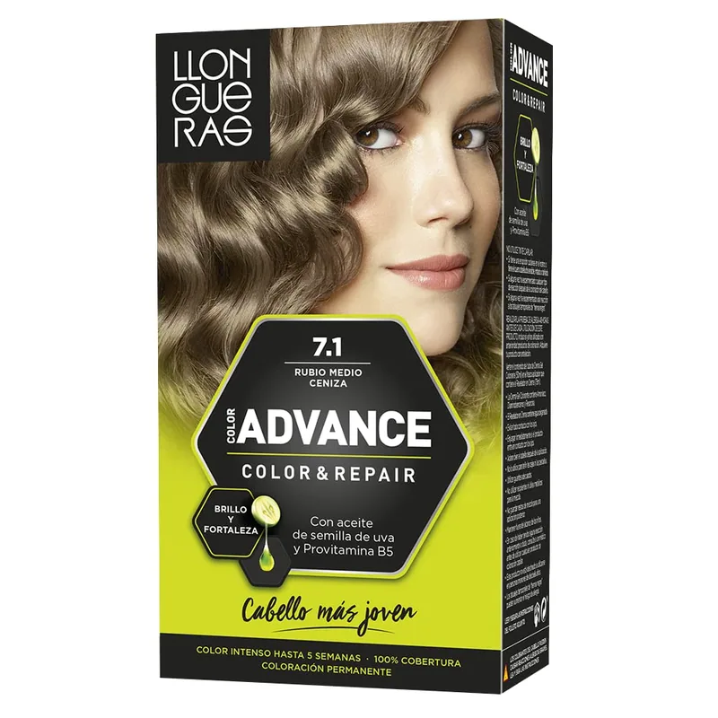 Llongueras Color Advance Tinte Pelo Mujer Tono 7.1 Rubio Medio Ceniza 150 ml - pack de 3 unidades