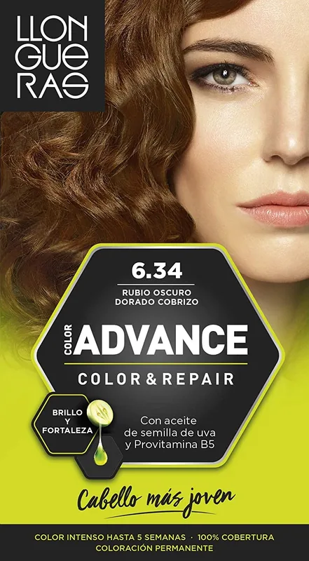 Llongueras Color Advance Tinte Tono 6.34 Rubio Oscuro Dorado Cobrizo 150 ml - pack de 3 unidades
