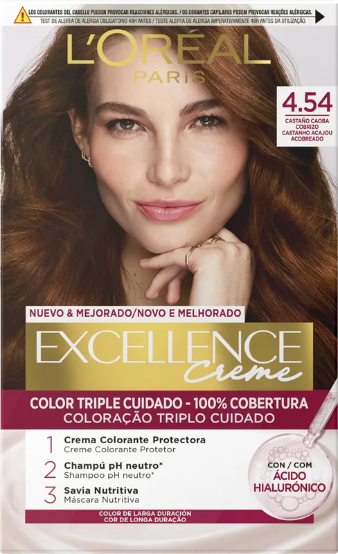 L'Oréal Paris Excellence Creme Tinte Permanente Tono 4.54 Castaño Caoba Cobrizo 60 ml - pack de 3 unidades