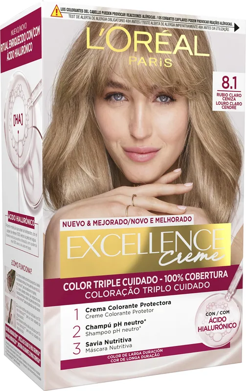 L'Oréal Paris Excellence Crème Tinte Permanente Tono 8.1 Rubio Claro Ceniza 60 ml - pack de 3 unidades