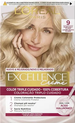 L'Oréal Paris Excellence Crème Tinte Permanente Tono 9 Rubio Muy Claro (pack de 3)