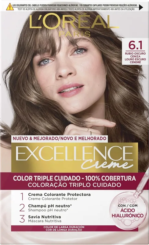 L'Oréal Paris Excellence Creme Tinte Permanente Tono 6.1 Rubio Oscuro Ceniza 60 ml - pack de 3 unidades
