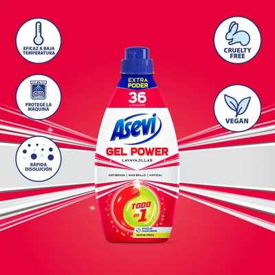 Asevi Lavavajillas líquido máquina gel Power todo en 1 36 lavados 720 ml - pack de 10 unidades – foto 1
