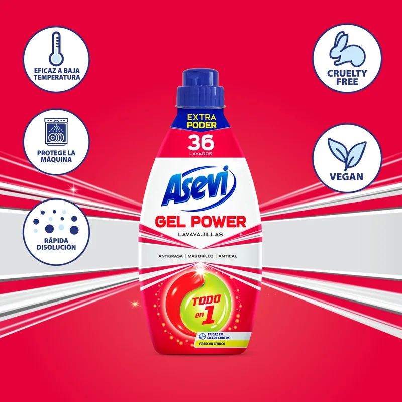 Asevi Lavavajillas líquido máquina gel Power todo en 1 36 lavados 720 ml - pack de 10 unidades