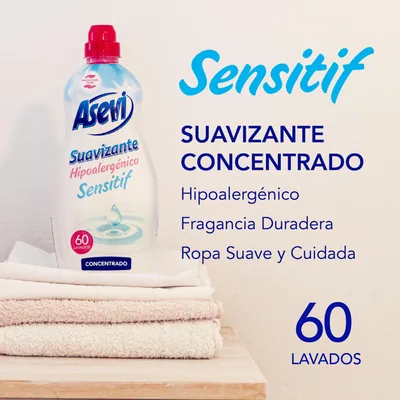 Asevi Suavizante concentrado hipoalergénico Sensitif 60 lavados 1440 ml - pack de 10 unidades – foto 1