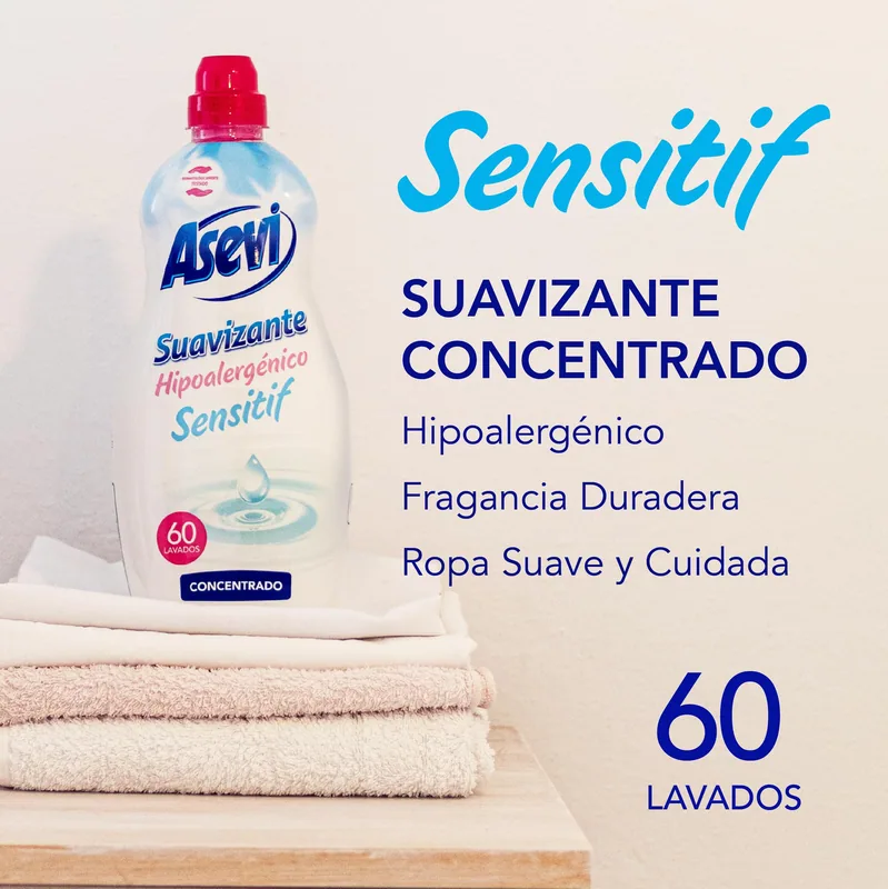 Asevi Suavizante concentrado hipoalergénico Sensitif 60 lavados 1440 ml - pack de 10 unidades