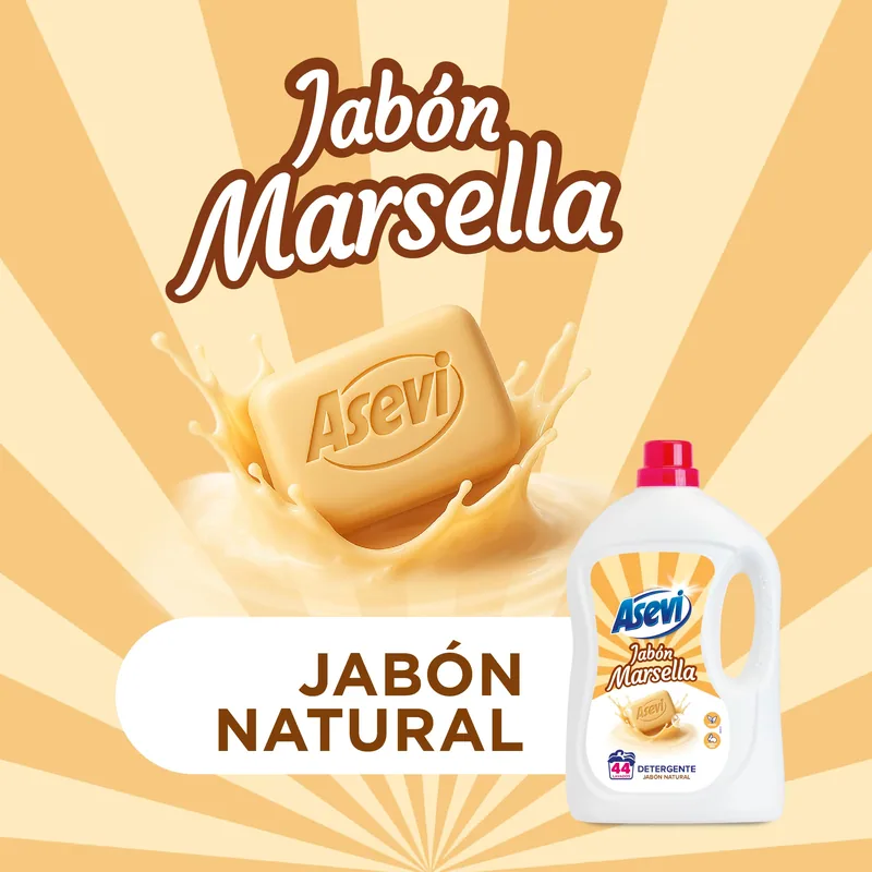 Asevi Detergente líquido para lavadora Marsella jabón natural 44 lavados 2288 ml - pack de 5 unidades