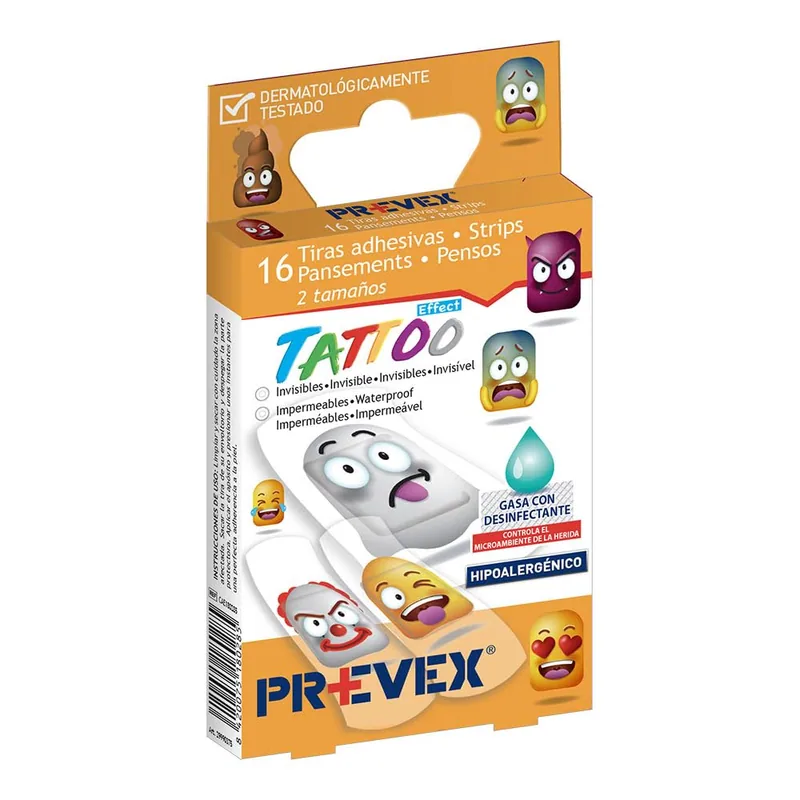 Prevex Infantiles Efecto Tattoo con Gasa Desinfectante 16 Tiras 80 g - pack de 12 unidades